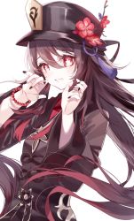 Rule 34 | 1girl, black coat, black hat, blush, breasts, brown hair, coat, flower, genshin impact, hat, hat flower, highres, hu tao (genshin impact), long hair, long sleeves, looking at viewer, misumi (macaroni), plum blossoms, red eyes, small breasts, solo, symbol-shaped pupils, twintails, very long hair