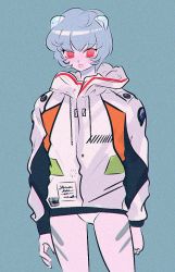 Rule 34 | 1girl, adapted costume, arms at sides, ayanami rei, blue background, blush, bodysuit, bodysuit under clothes, closed mouth, cowboy shot, full body, hood, hoodie, interface headset, looking at viewer, moricky, neon genesis evangelion, plugsuit, short hair, simple background, smile, solo, standing
