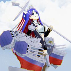 Rule 34 | 1girl, absurdres, american flag, asymmetrical legwear, bigkwl, black necktie, blue eyes, blue hair, breasts, chromatic aberration, cloud, commentary, flag, grin, highres, holding, holding staff, huge filesize, kantai collection, long hair, long sleeves, multicolored hair, necktie, red hair, rigging, single leg pantyhose, single thighhigh, smile, solo, south dakota (kancolle), staff, star (symbol), thighhighs, uneven legwear, white hair