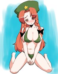 Rule 34 | 1girl, bad id, bad pixiv id, belly, between thighs, bikini, blush, breasts, female focus, green bikini, hat, hong meiling, interlocked fingers, kneeling, large breasts, long hair, momogesomaru, orange eyes, orange hair, own hands clasped, own hands together, parted lips, plump, sitting, skindentation, solo, swimsuit, thighs, touhou, undersized clothes, v arms, wariza