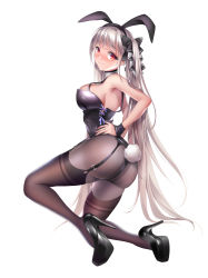 Rule 34 | 1girl, absurdres, animal ears, ass, azur lane, black footwear, black leotard, black pantyhose, bow, bowtie, detached collar, dongcilagedaci, fake animal ears, formidable (azur lane), from behind, garter straps, grey hair, high heels, highres, leotard, long hair, looking back, pantyhose, playboy bunny, rabbit ears, rabbit tail, red eyes, simple background, solo, tail, thighhighs, twintails, very long hair, white background, wrist cuffs