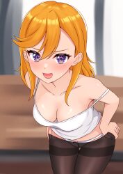 Rule 34 | 1girl, bare shoulders, black pantyhose, blush, breasts, camisole, cleavage, collarbone, commentary request, hair between eyes, highres, leaning forward, looking at viewer, love live!, love live! superstar!!, medium breasts, medium hair, open mouth, orange hair, paid reward available, panties, pantyhose, purple eyes, shibuya kanon, sikamiya, solo, swept bangs, underwear, undressing, upper body, white camisole, white panties