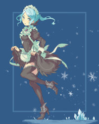 Rule 34 | 1girl, aisutabetao, apron, aqua hair, black eyes, black thighhighs, blue background, boots, breasts, brooch, dress, fire emblem, fire emblem fates, flora (fire emblem), full body, high heels, highres, ice crystal, jewelry, long sleeves, looking back, maid, maid apron, maid headdress, nintendo, open mouth, ribbon, running, short hair, skirt hold, snowflakes, solo, thighhighs