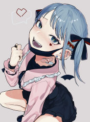 Rule 34 | 1girl, absurdres, aqua eyes, aqua hair, bandaid, bandaid on neck, bat wings, beige background, black ribbon, black skirt, commentary, earrings, fangs, foreshortening, frilled shirt, frills, from above, grey background, hair ornament, hair ribbon, hand up, hatsune miku, heart, heart hair ornament, heart o-ring, highres, jewelry, mask, miniskirt, mouth mask, nemuke2828, open mouth, pink shirt, pleated skirt, ribbon, ring, shirt, short twintails, skirt, smile, solo, spring onion, squatting, twintails, vampire (vocaloid), vocaloid, wings, wristband