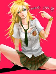 Rule 34 | 10s, 1girl, arm up, blonde hair, bracelet, closed mouth, collared shirt, female focus, green skirt, head tilt, jewelry, lips, long hair, looking at viewer, necktie, panty &amp; stocking with garterbelt, panty (psg), pink background, pleated skirt, school uniform, shirt, short sleeves, simple background, sitting, skirt, smile, solo, spread legs, tegaki, white shirt, wing collar