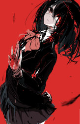 Rule 34 | 1girl, another, black hair, black shirt, black skirt, blood, blood on hands, closed mouth, commentary request, cowboy shot, eyepatch, feathers, hair over one eye, hand up, highres, karasu mp3, looking at viewer, medium hair, misaki mei, neck ribbon, red background, red eyes, red ribbon, ribbon, school uniform, shirt, simple background, skirt, solo, standing