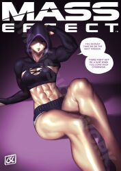 Rule 34 | 1girl, abs, breasts, cleavage, cropped hoodie, english text, grey eyes, highres, hood, hoodie, kasumi goto, mass effect (series), mass effect 1, medium breasts, muscular, muscular female, phoebus art, shorts, signature, sitting, solo, sweat, tank top