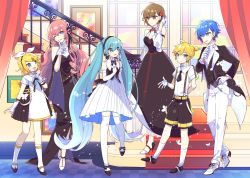Rule 34 | 2boys, 4girls, aqua eyes, aqua hair, bare shoulders, belt, black dress, black jacket, blonde hair, blue eyes, blue hair, bow, bowtie, brown eyes, brown hair, checkered floor, coattails, commentary, detached sleeves, dress, finger to mouth, footwear bow, full body, gloves, hair bow, hair ornament, hairband, hairclip, hand in own hair, hand on own chest, hatsune miku, index finger raised, indoors, jacket, kagamine len, kagamine rin, kaito (vocaloid), long hair, megurine luka, meiko (vocaloid), miku symphony (vocaloid), multiple boys, multiple girls, necktie, one eye closed, painting (object), pants, pink hair, pleated skirt, shirt, shoes, short hair, short necktie, short ponytail, short sleeves, shorts, skirt, sleeveless, sleeveless shirt, smile, spiked hair, stairs, swept bangs, thighhighs, twintails, very long hair, vocaloid, white bow, white dress, white gloves, white legwear, white pants, white shirt, wide shot, window, yoshiki, zettai ryouiki