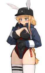 Rule 34 | 1girl, absurdres, animal ears, black choker, black gloves, blonde hair, blue eyes, blush, braid, braided ponytail, breasts, cameltoe, choker, cleavage, gloves, hand on own stomach, hat, highres, indie virtual youtuber, jacket, long hair, looking at viewer, open clothes, open jacket, rabbit ears, smile, thighhighs, very long hair, virtual youtuber, whiskey project, white background, xerbatt