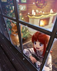 Rule 34 | 1girl, :d, arm rest, brown eyes, candle, cat, christmas, christmas tree, commentary, english commentary, fireplace, highres, looking outside, nashigaya koyomi, open mouth, original, red hair, smile, snowing, solo, sweater, window, wreath