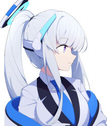 Rule 34 | 1girl, absurdres, alternate hairstyle, blue archive, blue necktie, grey hair, halo, highres, jacket, looking to the side, mechanical ears, mechanical halo, necktie, noa (blue archive), oil sob, ponytail, purple eyes, shirt, simple background, solo, white background, white jacket, white shirt