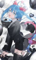 Rule 34 | 1girl, ahoge, animal ears, bag, black necktie, black suit, blue eyes, blue hair, blurry, blurry background, bow legwear, cat ears, cat tail, collared shirt, fangs, formal, from side, hair between eyes, handbag, hatsune miku, heart, heiwa (murasiho), highres, jumping, legs up, long hair, long sleeves, looking at viewer, looking to the side, necktie, open mouth, original, shirt, shoes, sidelocks, smile, solo, sparkling eyes, star (symbol), suit, tail, thighhighs, thighs, twintails, two side up, zettai ryouiki