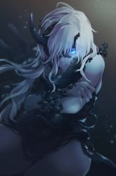 Rule 34 | 1girl, abyssal ship, asymmetrical hair, black dress, blue eyes, breasts, crossed arms, dress, glowing, glowing eye, highres, horns, kantai collection, lips, long hair, ne-class heavy cruiser, one eye covered, pale skin, parted lips, rigging, ruohire9, single horn, solo, underwater, white hair