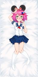 Rule 34 | 1girl, absurdres, animal ears, arm up, bed sheet, blue skirt, blush, body freckles, bow, breasts, closed mouth, copyright request, crying, dakimakura (medium), eyelashes, fake animal ears, fang, fang out, female focus, freckles, from above, full body, green eyes, hair ornament, highres, hives, knees together feet apart, looking at viewer, lying, measles, measles-chan, meva, mouse ears, no shoes, on back, on bed, pink hair, pleated skirt, polka dot, polka dot bow, sailor collar, school uniform, short hair, skirt, socks, solo, streaming tears, tears, white socks, yellow eyes