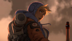 Rule 34 | 1girl, apex legends, blonde hair, blue bodysuit, blue eyes, bodysuit, breasts, cloud, cloudy sky, commentary, drawstring, english commentary, floating hair, from side, highres, hood, hood down, hood up, hooded jacket, ifragmentix, jacket, looking at viewer, medium breasts, orange jacket, parted lips, portrait, ribbed bodysuit, sky, smile, solo, wattson (apex legends), white bodysuit