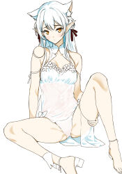 Rule 34 | 1girl, animal ears, camisole, cat ears, cleavage cutout, closed mouth, clothing cutout, commentary, crotch seam, elf, extra ears, hand on own leg, highres, knee up, light frown, lingerie, long hair, looking at viewer, moonsorrow, original, panties, pointy ears, sandals, see-through, simple background, sitting, solo, spread legs, underwear, white background, white camisole, white footwear, white hair, white panties, yellow eyes