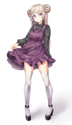 Rule 34 | 1girl, absurdres, arm behind back, black footwear, black shirt, blonde hair, breasts, commentary request, dress, full body, goat horns, highres, horns, kuse (0201), long hair, long sleeves, looking at viewer, medium breasts, original, purple dress, purple eyes, ribbon, shirt, shoes, simple background, solo, thighhighs, white background, white ribbon, white thighhighs