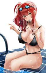 Rule 34 | 1girl, ahoge, azur lane, bikini, black bikini, blush, breasts, cleavage, collarbone, goggles, goggles on head, hair ornament, hand up, highres, large breasts, long hair, looking at viewer, mouth hold, navel, nicky w, o-ring, o-ring bikini, poolside, red hair, side ponytail, skindentation, smile, soaking feet, solo, strap pull, swimsuit, wet, whistle, whistle around neck, zara (azur lane), zara (poolside coincidence) (azur lane)