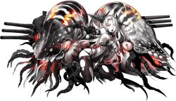Rule 34 | 1girl, abyssal ship, batavia princess, bracer, breasts, claws, colored skin, cracked shell, gauntlets, glowing, glowing cracks, glowing eyes, headgear, kantai collection, kneeling, long hair, nautilus (animal), official art, open mouth, outstretched arm, red eyes, sideboob, slit pupils, solo, spread fingers, thighhighs, thighs, torn clothes, torn thighhighs, transparent background, turret, underboob, very long hair, white skin, zeco