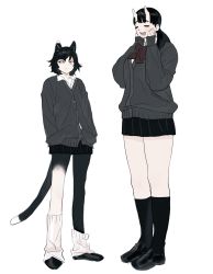 Rule 34 | 2girls, animal ears, black fur, black hair, black legwear, black skirt, cat ears, cat girl, cat tail, dungeon meshi, frs2, grey sweater, hands in pockets, hands on own face, highres, horns, inutade, izutsumi, looking to the side, multiple girls, oni, oni horns, ponytail, skirt, smile, sweater, tail, white legwear, yellow eyes