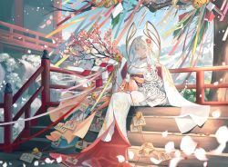 Rule 34 | 1girl, absurdres, animal, architecture, bell, branch, breasts, chain, chinese zodiac, east asian architecture, ema, facial mark, floral print, flower, forehead mark, furisode, hair flower, hair ornament, headgear, highres, hood, japanese clothes, jingle bell, kanzashi, kimono, long hair, long sleeves, motion blur, nengajou, new year, no shoes, obi, original, outdoors, painting (object), petals, railing, red flower, retaining wall, ribbon, sash, see-through, shide, sitting, sitting on stairs, sleeves past fingers, sleeves past wrists, smile, snow, snowing, stairs, tabi, tiger, tiger cub, tobi (pixiv41237754), tree, very long hair, white hair, white kimono, white legwear, white tiger, wide sleeves, wind, year of the tiger