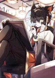 Rule 34 | 1boy, aak (arknights), absurdres, animal ears, arknights, black hair, cat boy, cat ears, chair, cowboy shot, crossed legs, from below, furry, furry male, hair over one eye, highres, indoors, lamp, male focus, paper, pencil, pencil to face, short hair, sitting, slit pupils, solo, thinking, user mxtc5244