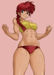 Rule 34 | 1girl, abs, bad id, bad pixiv id, blue eyes, braid, braided ponytail, clenched hands, cowboy shot, female focus, furrowed brow, genderswap, genderswap (mtf), highres, long braid, long hair, looking at viewer, male swimwear, midriff, muscular, muscular female, navel, pink background, ranma-chan, ranma 1/2, red hair, red male swimwear, red swim briefs, saotome ranma, simple background, single braid, skindentation, smile, solo, splayter, sports bra, stomach, swim briefs, swimsuit, tareme, v-shaped eyebrows