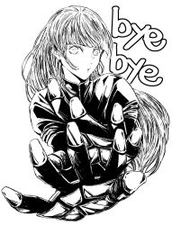 Rule 34 | 1girl, blunt bangs, cropped torso, english text, gloves, greyscale, highres, incoming attack, kula diamond, long hair, monochrome, osakana e, outstretched hand, solo, the king of fighters, turtleneck, white background, zipper