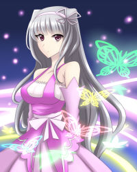 Rule 34 | 1girl, bad id, bad pixiv id, bare shoulders, breasts, bug, butterfly, dress, elbow gloves, female focus, gloves, gradient background, grey hair, hair ribbon, hairband, himo, idolmaster, idolmaster (classic), insect, long hair, purple eyes, ribbon, shijou takane, solo
