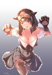Rule 34 | 1girl, animal ear legwear, animal hands, animal print, black dress, black thighhighs, blue eyes, blush, breasts, brown hair, cat print, cleavage, commentary request, cowboy shot, dress, frilled dress, frills, genetic (ragnarok online), gloves, goggles, grey background, hair flaps, highres, jewelry, large breasts, long hair, looking at viewer, necklace, off-shoulder dress, off shoulder, open mouth, paw gloves, ragnarok masters, ragnarok online, reihou19, signature, smile, solo, thighhighs