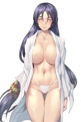 Rule 34 | 1girl, blush, breasts, collarbone, commission, closed eyes, fate/grand order, fate (series), fundoshi, gluteal fold, highres, huge breasts, japanese clothes, kokuzou, large breasts, long hair, looking at viewer, low-tied long hair, low ponytail, minamoto no raikou (fate), navel, open clothes, open shirt, panties, purple hair, shirt, simple background, skeb commission, smile, solo, underwear, very long hair, white background, white panties, white shirt