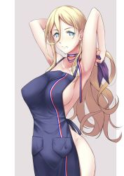 Rule 34 | 1girl, alternate costume, apron, armpits, blonde hair, blue eyes, blush, breasts, closed mouth, commentary request, cowboy shot, hair between eyes, kantai collection, kuurunaitsu, large breasts, long hair, looking at viewer, mole, mole under eye, mole under mouth, naked apron, ribbon, richelieu (kancolle), simple background, smile, solo, very long hair