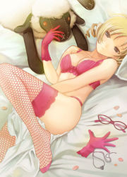 Rule 34 | 1girl, atlus, blonde hair, blue eyes, bra, breasts, catherine, catherine (game), doll, drill hair, fishnet thighhighs, fishnets, glasses, gloves, jewelry, lingerie, necklace, panties, petals, seiru (prairie), short twintails, solo, thighhighs, twintails, underwear, underwear only