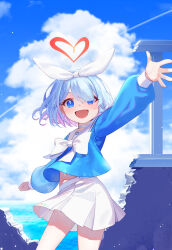 Rule 34 | arona (blue archive), blue archive, blue eyes, blue hair, child, daika!!, hair ribbon, halo, heart, heart halo, highres, long sleeves, looking at viewer, open mouth, outdoors, ribbon, skirt, smile, solo, white skirt