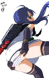Rule 34 | 10s, 1girl, ass, blue hair, dress, dress tug, elbow gloves, gloves, green eyes, highres, kantai collection, leaning forward, long hair, looking back, momo (higanbana and girl), open mouth, panties, pantyshot, personification, school uniform, serafuku, solo, striped clothes, striped panties, suzukaze (kancolle), thighhighs, twintails, underwear, upskirt