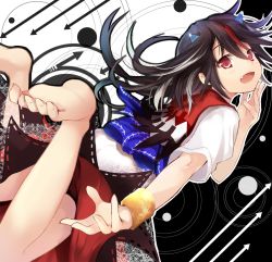 Rule 34 | 1girl, barefoot, black hair, bracelet, dress, efe, fang, feet, grey horns, horns, jewelry, kijin seija, long hair, looking at viewer, multicolored hair, open mouth, red eyes, red hair, revision, short sleeves, smile, solo, touhou, two-tone hair, white dress