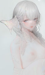 Rule 34 | 1girl, au ra, au ra raen, bare shoulders, braid, breasts, clothes down, collarbone, commentary, dragon horns, final fantasy, final fantasy xiv, grey background, grey eyes, grey hair, highres, horns, iridescent, kaede (sayappa), looking to the side, medium hair, parted lips, scales, side braids, sideways glance, simple background, small breasts, smile, solo, twin braids, upper body, warrior of light (ff14)
