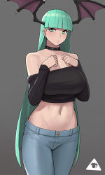 Rule 34 | 1girl, bat wings, black shirt, blunt bangs, breasts, casual, choker, cleavage, collar, cowboy shot, denim, donburi (donburikazoku), earrings, female focus, green eyes, green hair, grey background, hands on own chest, hands up, head wings, highres, hime cut, jeans, jewelry, large breasts, long hair, long sleeves, matching hair/eyes, midriff, morrigan aensland, navel, off-shoulder shirt, off shoulder, pants, shirt, simple background, solo, spiked collar, spikes, stomach, strapless, tube top, vampire (game), very long hair, wings