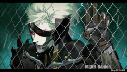 Rule 34 | 1boy, artist name, bandage over one eye, bifanghuanshi, character name, claws, cyborg, dated, eyepatch, fence, letterboxed, male focus, metal gear (series), metal gear rising: revengeance, raiden (metal gear), red eyes, solo, white hair
