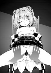 Rule 34 | 1girl, 1other, bar censor, bell, blush, breasts, censored, clothes lift, closed eyes, facing viewer, greyscale, hair bell, hair ornament, hakama, hakama skirt, head tilt, highres, invisible man, itou yuuji, japanese clothes, jingle bell, kimono, kimono pull, monochrome, motoori kosuzu, nipples, on chair, parted lips, pussy, sitting, skirt, skirt lift, sleep molestation, sleeping, small breasts, spread legs, spread pussy, touhou, two side up