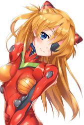 Rule 34 | 1girl, blue eyes, blush, bodysuit, breasts, brown hair, duct tape, eyepatch, from side, hair ornament, head tilt, impossible bodysuit, impossible clothes, kaniya shiku, leaning back, light smile, long hair, looking at viewer, neon genesis evangelion, orange hair, pilot suit, plugsuit, simple background, skin tight, small breasts, smile, solo, souryuu asuka langley, test plugsuit, turtleneck, two side up, upper body, white background