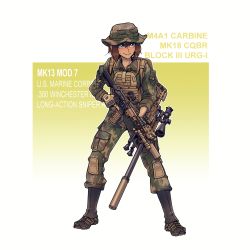 Rule 34 | 1girl, absurdres, ai arctic warfare, assault rifle, blue eyes, bolt action, boots, brown footwear, brown gloves, brown hair, camouflage, camouflage headwear, camouflage jacket, camouflage pants, closed mouth, fingerless gloves, full body, gloves, gun, hair between eyes, hat, highres, holding, holding gun, holding weapon, jacket, long sleeves, m4 carbine, military, military hat, military uniform, mk 18 carbine, original, pants, rifle, short hair, simple background, smile, sniper rifle, solo, standing, two-tone background, uniform, united states marine corps, weapon, white background, willy pete, yellow background