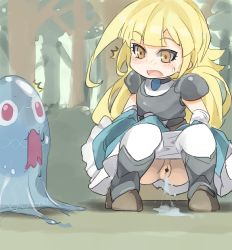 Rule 34 | 1girl, armor, blonde hair, blush, censored, cleft of venus, forest, long hair, mikoto (tanken driland), nature, open mouth, peeing, pussy, skirt, slime, squatting, surprised, sweat, tanken driland, yahamoi, yellow eyes
