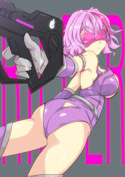 Rule 34 | 1girl, aiming, aiming at viewer, ass, breasts, character name, cleavage, english text, girls&#039; frontline, gun, highres, looking back, purple-tinted eyewear, purple-tinted glasses, purple eyes, purple hair, ripper (girls&#039; frontline), sangue llia, sangvis ferri, solo, submachine gun, sunglasses, tinted eyewear, visor, weapon