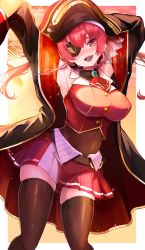Rule 34 | 1girl, :d, armpits, arms up, arrow through heart, ascot, aya02ka, belt, bicorne, black choker, black coat, black hat, black thighhighs, blush, breasts, brooch, brown belt, choker, coat, contrapposto, covered navel, cropped jacket, eyepatch, feet out of frame, frilled choker, frills, gold trim, hair ribbon, hat, highres, hololive, houshou marine, jacket, jewelry, lace, lace-trimmed legwear, lace trim, large breasts, leather belt, leotard, leotard under clothes, long hair, looking at viewer, midriff, miniskirt, open mouth, pirate, pirate hat, pleated skirt, red ascot, red eyes, red hair, red jacket, red ribbon, red skirt, revision, ribbon, see-through, see-through leotard, shiny clothes, shiny legwear, skindentation, skirt, sleeveless, sleeveless jacket, sleeves past fingers, sleeves past wrists, smile, solo, thighhighs, twintails, virtual youtuber, zettai ryouiki