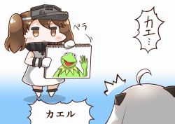 Rule 34 | 10s, 2girls, ^^^, abyssal ship, ahoge, alternate costume, blue background, brown eyes, brown hair, colored skin, comic, cosplay, dress, gradient background, horns, kantai collection, kermit the frog, long hair, mittens, multiple girls, muppets, northern ocean hime (cosplay), northern ocean princess, notebook, pale skin, red eyes, ryuujou (kancolle), sleeveless, sleeveless dress, tanaka kusao, twintails, visor cap, white background, white dress, white hair, white skin