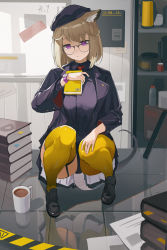 Rule 34 | 1girl, absurdres, animal ear fluff, animal ears, arknights, asymmetrical legwear, black-framed eyewear, black footwear, black jacket, black pantyhose, black shirt, black skirt, book, book stack, breasts, brown hair, closed mouth, coffee, coffee mug, collared shirt, cup, glasses, highres, holding, holding book, indoors, jacket, large breasts, loafers, long sleeves, looking at viewer, miniskirt, mug, necktie, official alternate costume, open clothes, open jacket, panties, pantyhose, pantyshot, pantyshot through reflection, purple eyes, red necktie, reflection, reflective floor, shelf, shirt, shoes, short hair, single leg pantyhose, skirt, solo, tail, thighhighs, underwear, upskirt, utage (arknights), utage (disguise) (arknights), watch, wristwatch, yellow thighhighs, zombie ke
