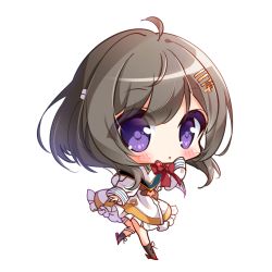 Rule 34 | 1girl, :o, ahoge, azur lane, big head, black footwear, blush, boots, bow, bowtie, brown hair, capelet, character request, chibi, cross-laced footwear, dress, frilled dress, frills, full body, hair between eyes, hair ornament, hairclip, hand up, lace-up boots, long hair, long sleeves, parted lips, purple eyes, red bow, red bowtie, ryuuka sane, simple background, sleeves past wrists, solo, standing, standing on one leg, white background, white capelet, white dress