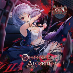 Rule 34 | 1girl, adapted costume, album cover, bare arms, bare shoulders, belt, between fingers, black belt, black thighhighs, blue vest, breasts, chain, cleavage, cover, cowboy shot, crop top, holding, holding knife, holding weapon, holster, izayoi sakuya, knife, knives between fingers, kuria (clear trip second), looking at viewer, maid headdress, medium breasts, midriff, navel, o-ring, o-ring top, open clothes, open vest, pocket watch, red eyes, roman numeral, shirt, short hair, short shorts, shorts, silver hair, sleeveless, sleeveless shirt, solo, stomach, thigh holster, thighhighs, thighs, torn clothes, torn shirt, torn thighhighs, touhou, vest, waist cape, watch, weapon, white shirt, white shorts