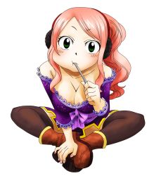 Rule 34 | 1girl, breasts, cleavage, eating, fairy tail, green eyes, large breasts, long hair, meredy (fairy tail), pink hair, solo, thighhighs